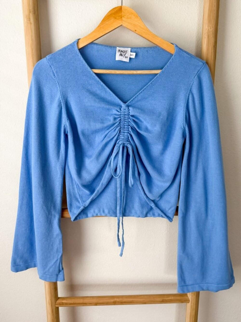 Princess Polly Blue Ruched Tie Front Crop Top Long Sleeve Size Medium